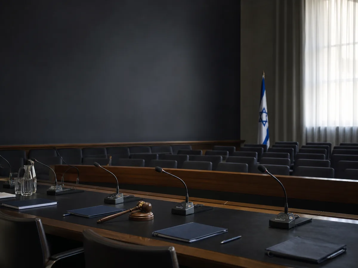 חדר ועדת חקירה ריק ובו מיקרופונים ופטיש דיונים